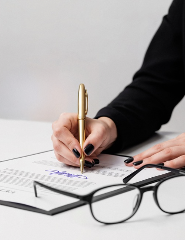 Mão segurando caneta dourada assinando um documento, com óculos ao lado
